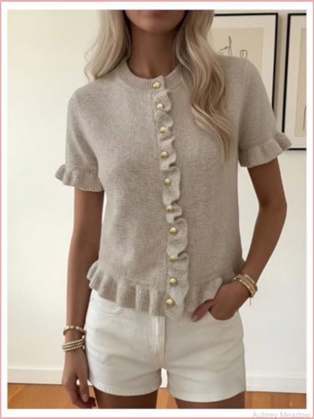 Short Sleeve Cropped Ruffle Cardigan Sweater Women's Dressy Lightweight Knit Top - Picture 4 of 6